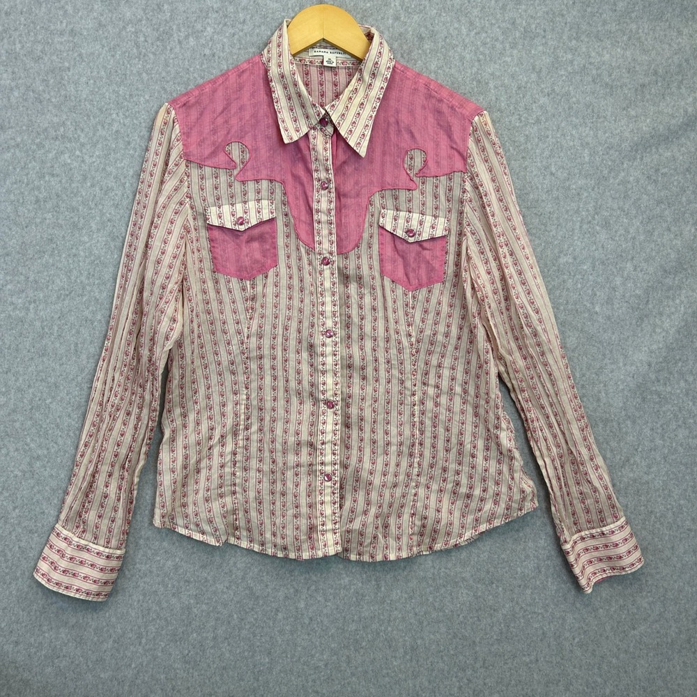 Banana Republic XS Blouse Pink Floral Stripe Snap Front Shirt Western Girly Y2K